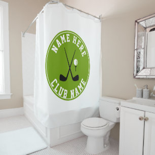 Golf crossed clubs, ball and name green shower curtain