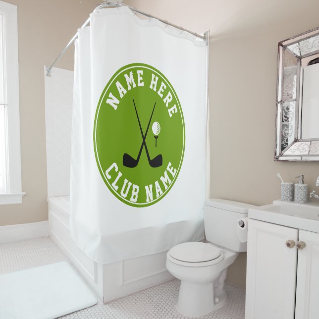 Golf crossed clubs, ball and name green shower curtain (In Situ)