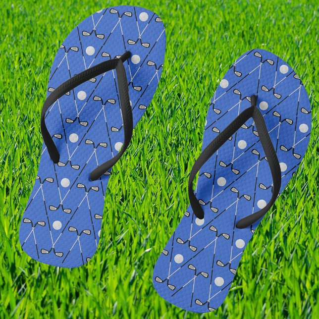 Golf crossed clubs pattern blue jandals (With narrow black straps)