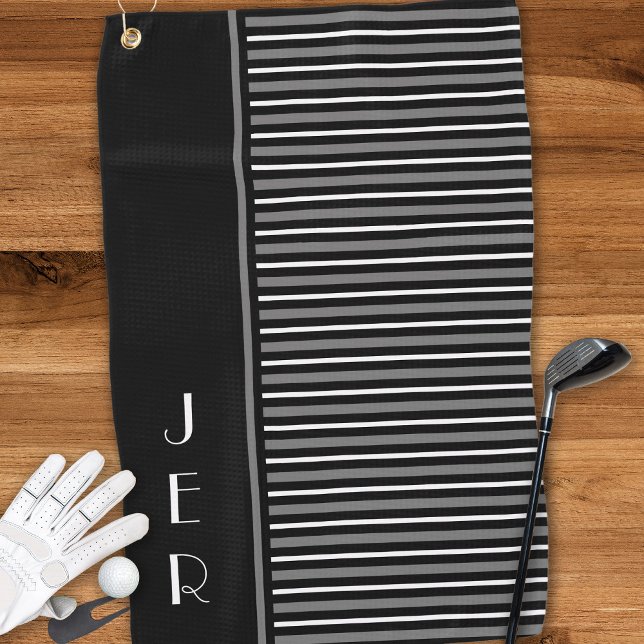 Golf Custom Initials |  Black Grey Modern Stripes Golf Towel (Creator Uploaded)
