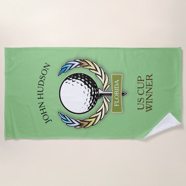 Golf Design with Wreath Monogram Template Beach Towel (Front)