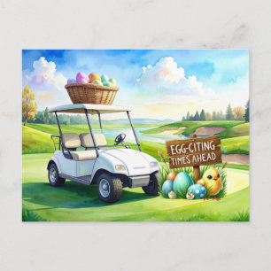 Golf easter holiday with golf cart and easter eggs postcard