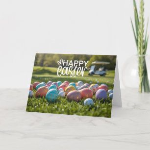 Golf Easter with club and egg golf balls on green Holiday Card