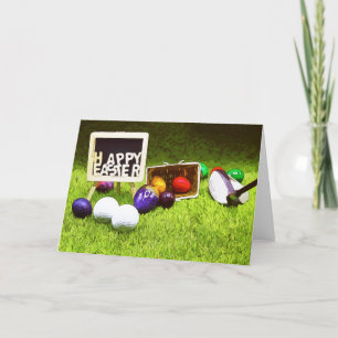 Golf Easter with club and egg golf balls on green Holiday Card