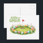 Golf Easter with egg on putting green  Postcard<br><div class="desc">Send cheerful spring greetings with this Golf Easter postcard featuring colorful eggs on a putting green. This bright watercolor design shows pastel Easter eggs resting beside a golf hole with a red flag on fresh green grass, blending the joy of Easter with the charm of the golf course. Perfect for...</div>