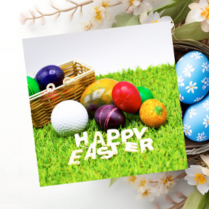 Golf Easter with golf ball and eggs on green Holiday Card
