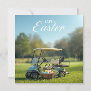 Golf Easter with golf cart on green grass Holiday Card