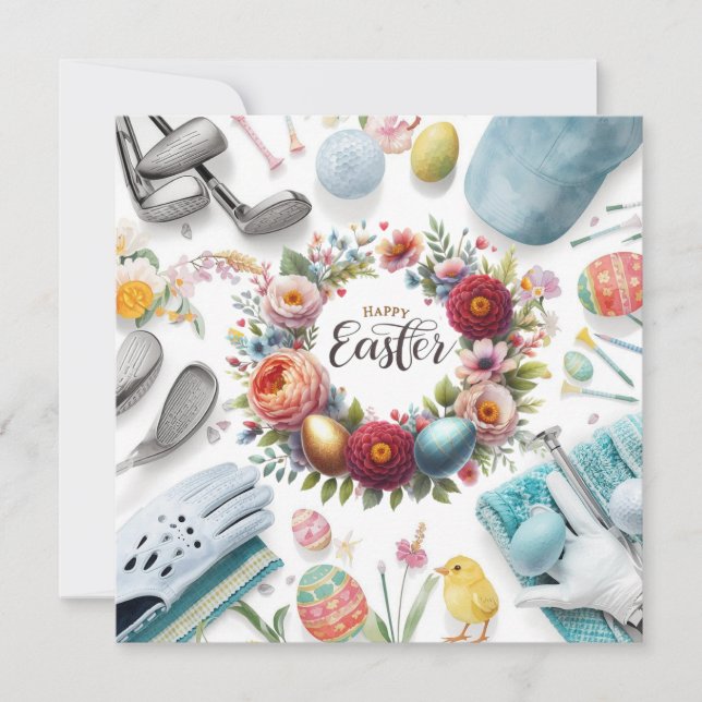 Golf easter with golf equipment with flower holiday card (Front)