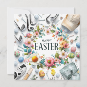Golf easter with golf equipment with flower holiday card