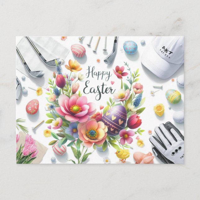 Golf easter with golf equipment with flower postcard (Front)