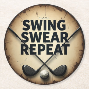Golf Enthusiast's Motto: Swing Swear Repeat Round Paper Coaster