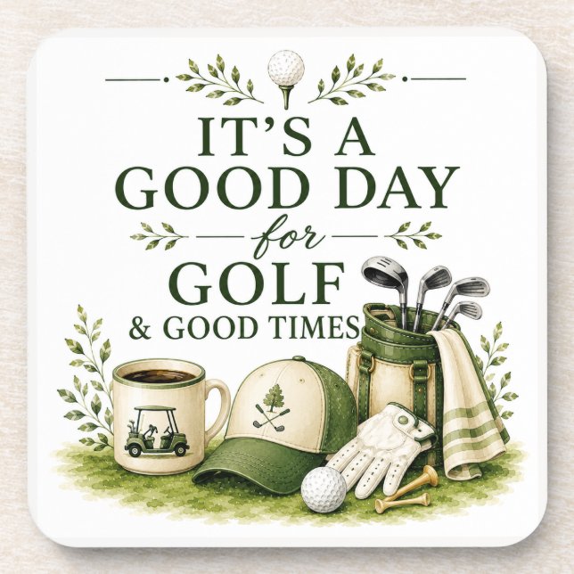 Golf equipment with text on green coaster (Front)