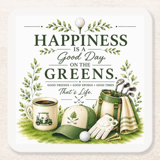 Golf equipment with text on green square paper coaster (Front)