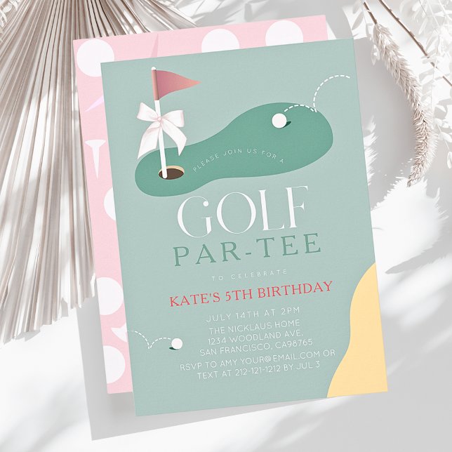 Golf Fairway Pink Flag Bow Girl's Birthday Par-Tee Invitation (Creator Uploaded)