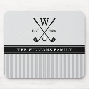Golf Family Monogram Grey Black White Mouse Pad