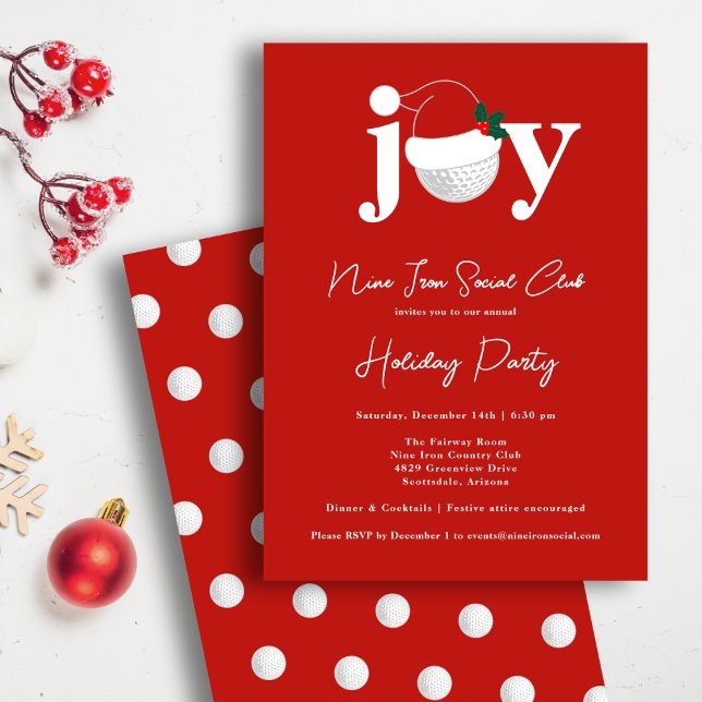 Golf Festive Holiday Party Joy Typography Red Invitation (Golf meets holiday cheer in bold red and white.)