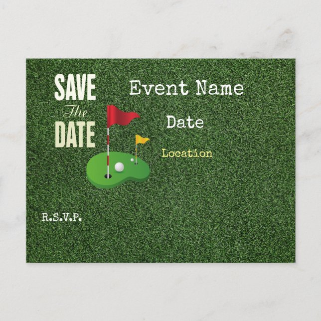 Golf flag on green save the date for golfer announcement postcard (Front)