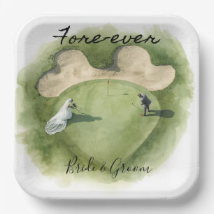 Golf Fore Ever with Bride and Groom Wedding  Paper Plate