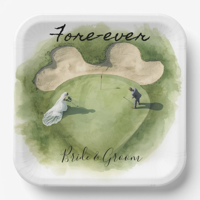 Golf Fore Ever with Bride and Groom Wedding  Paper Plate (Front)