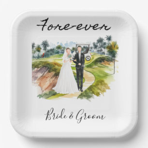 Golf Fore Ever with Bride and Groom Wedding Paper Plate