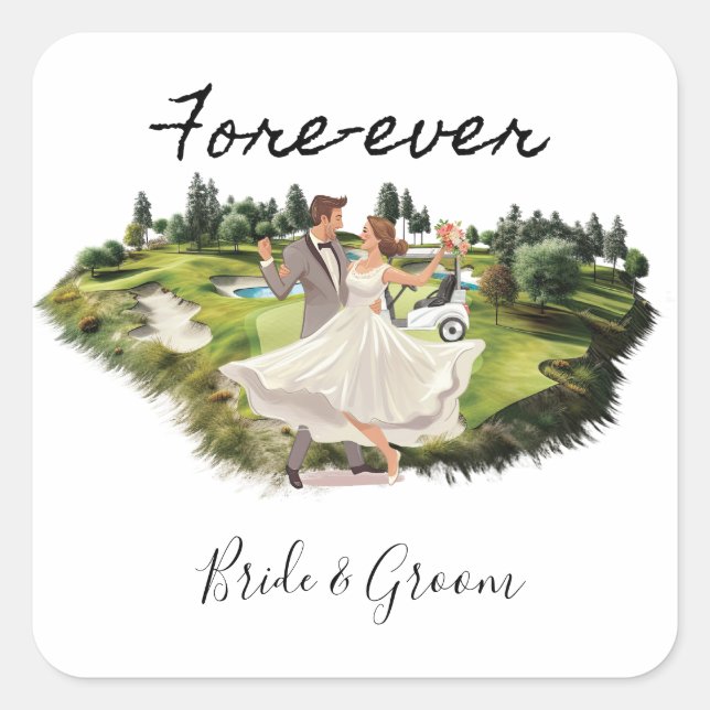 Golf Fore Ever with Bride and Groom Wedding  Square Sticker (Front)