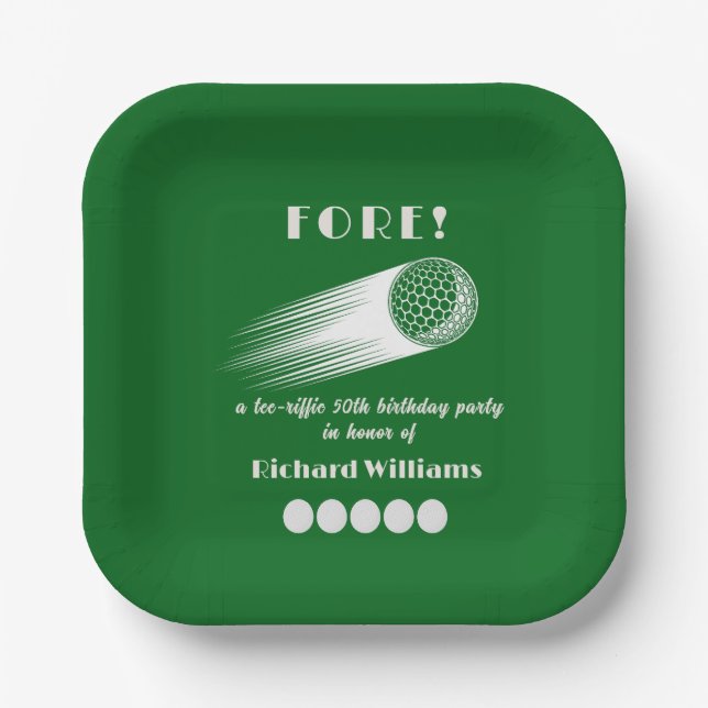 Golf Fore Tee-Riffic Green 50th Birthday Party Paper Plate (Front)