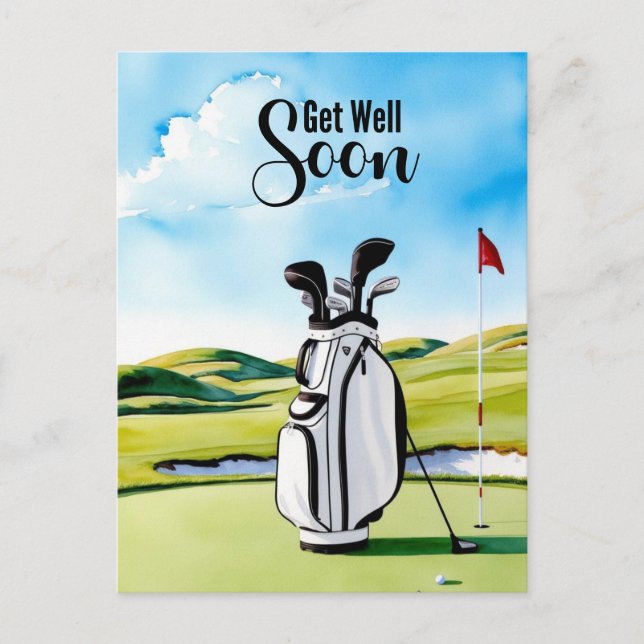Golf get well soon with golf bag on putting green  postcard (Front)