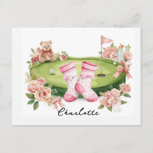Golf Girl Baby Shower with pink teddy bear  Postcard