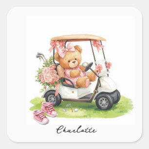 Golf Girl Baby Shower with teddy bear on golf cart Square Sticker