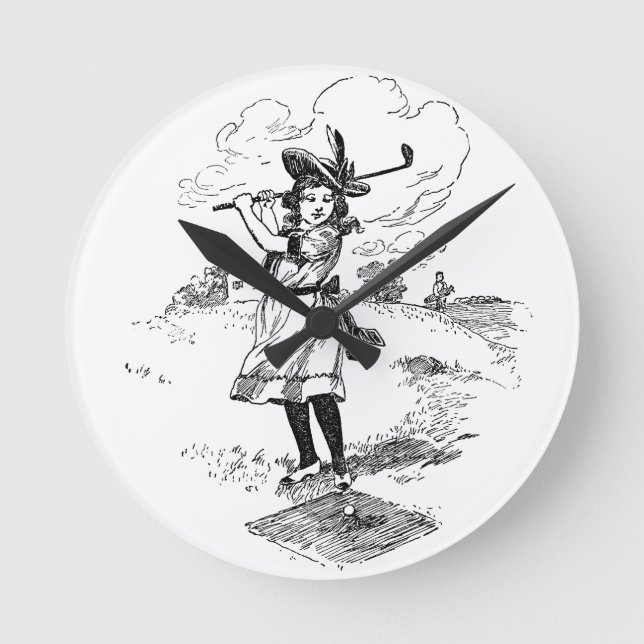 Golf Girl Golfing Vintage Art Round Clock (Front)