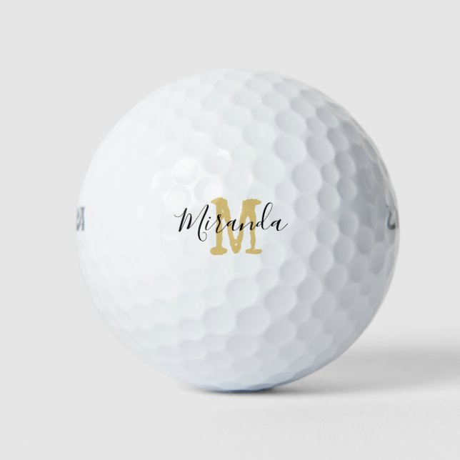 Golf Gold Monogram Initial and Name in black Golf Balls (Front)
