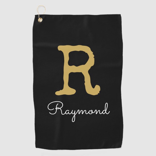 Golf Gold Monogram Initial and Name in black  Towel (Front)