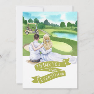 Golf Golfer Bride and Groom Golf Course watercolor Thank You Card