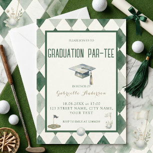 Golf Graduation Par-Tee Green Argyle Watercolor Invitation
