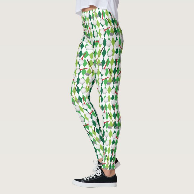 Golf Green White Argyle Pattern Leggings (Left)