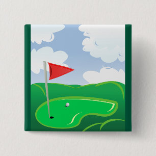 Golf Green with Red Flag and Ball 15 Cm Square Badge