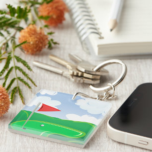 Golf Green with Red Flag and Ball Key Ring