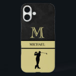 Golf Guy Black Leather Texture Monogram Name  iPhone 16 Plus Case<br><div class="desc">Personalised Monogram and Name for golfers. Faux Black leather texture with Gold elegant lettering (not actual leather). Sophisticated father's day gift idea for dad or grandpa (husband / significant other). Could also be a perfect holiday or retirement gift idea. if you need any design assistance or a special request, just...</div>