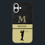 Golf Guy Black Leather Texture Monogram Name  iPhone 16 Plus Case<br><div class="desc">Personalised Monogram and Name for golfers. Faux Black leather texture with Gold elegant lettering (not actual leather). Sophisticated father's day gift idea for dad or grandpa (husband / significant other). Could also be a perfect holiday or retirement gift idea. if you need any design assistance or a special request, just...</div>