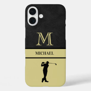 Golf Guy Black Leather Texture Monogram Name iPhone 16 Plus Case