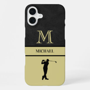 Golf Guy Black Leather Texture Monogram Name  iPhone 16 Plus Case