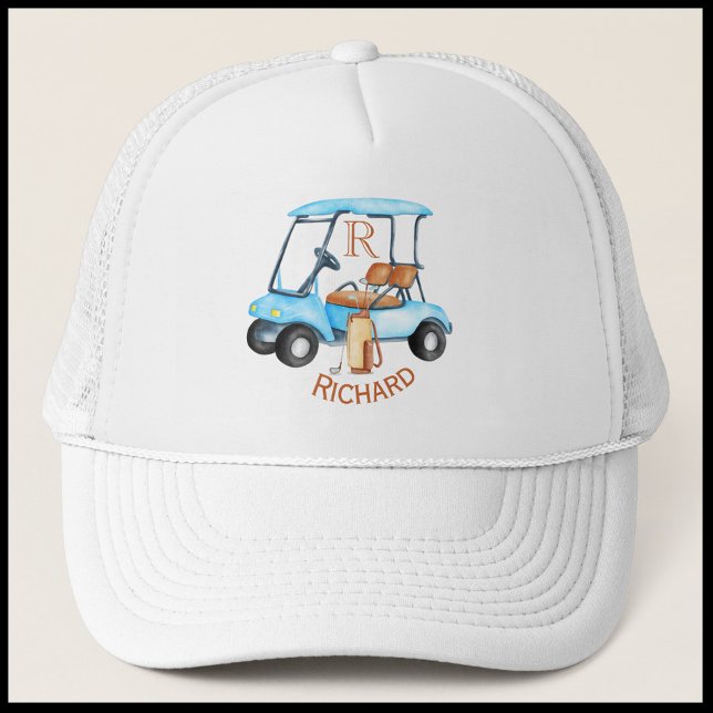 Golf Guy Cart Clubs Monogram Name Trucker Hat (Creator Uploaded)