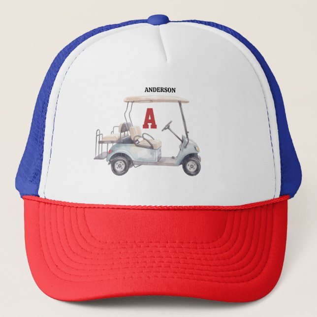  Golf Guy Cart Custom Monogram Name Trucker Hat (Front)