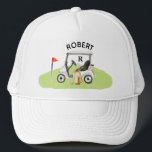 Golf Guy Cart Monogram Name Trucker Hat<br><div class="desc">Great gift for the golf guy with the cart and his monogram and name -- functional and fun for the golfer.  If you have any design questions or a special request,  please send a chat or an email to: charmdesignstudio@rcn.com and we'll be delighted to assist.</div>
