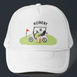 Golf Guy Cart Monogram Name Trucker Hat<br><div class="desc">Great gift for the golf guy with the cart and his monogram and name -- functional and fun for the golfer.  If you have any design questions or a special request,  please send a chat or an email to: charmdesignstudio@rcn.com and we'll be delighted to assist.</div>