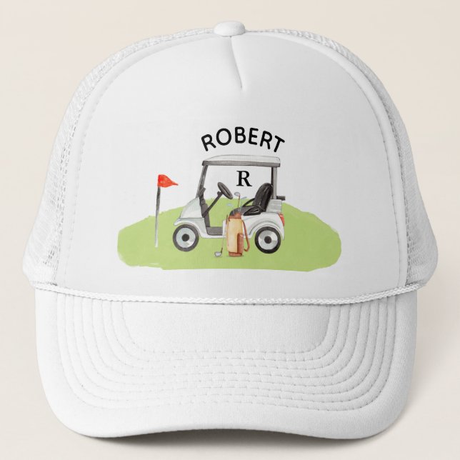 Golf Guy Cart Monogram Name Trucker Hat (Front)