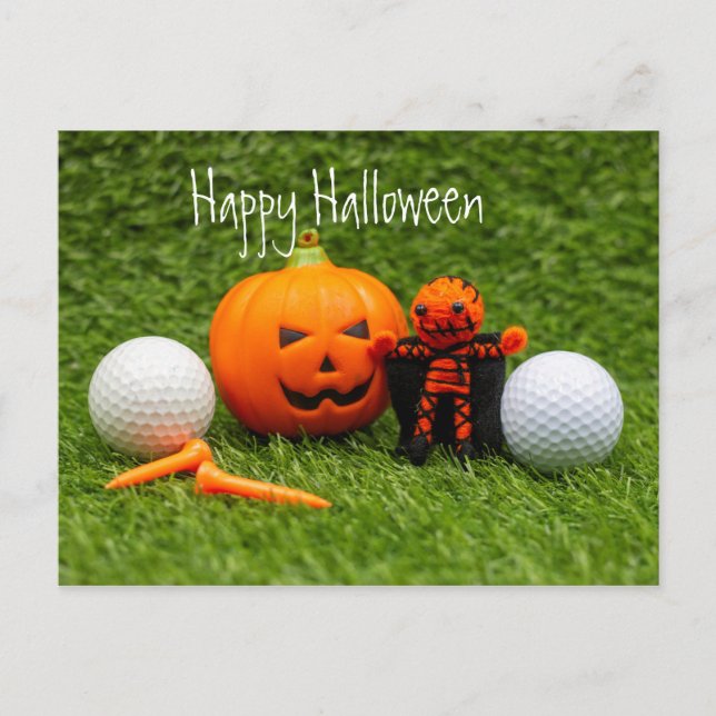 Golf Halloween Day with golf ball pumpkin ghost Postcard (Front)