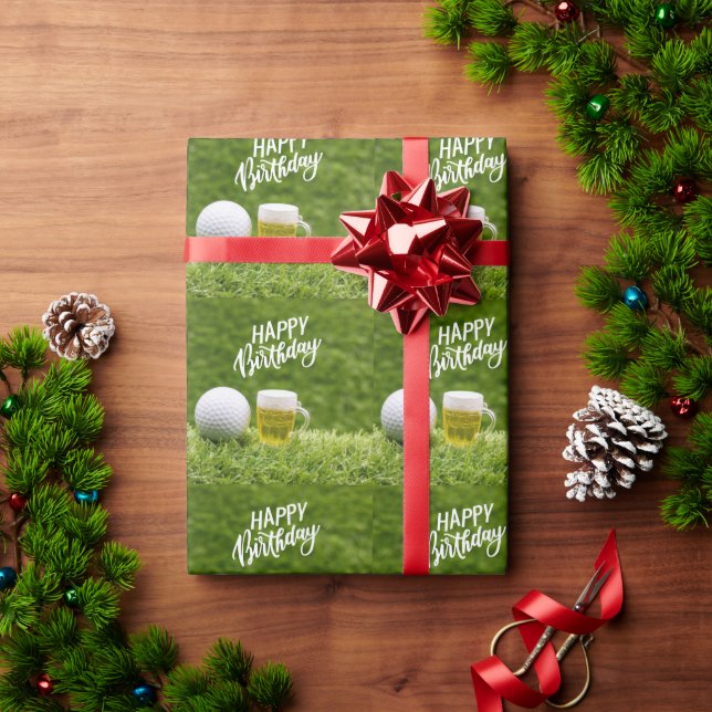 Golf  Happy Birthday to Golfer with glass of Beer  Wrapping Paper (Holiday Gift)