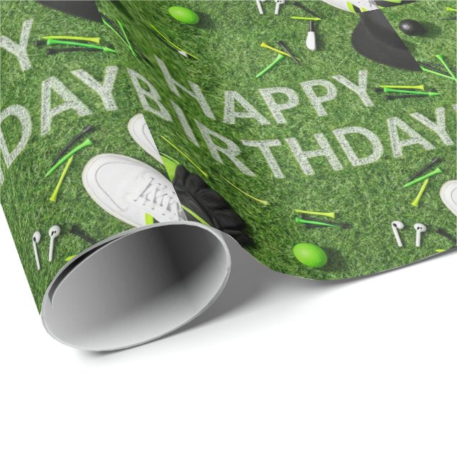 Golf Happy Birthday with golf stuff on green Wrapping Paper (Roll Corner)