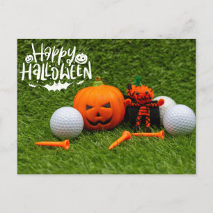 Golf Happy Halloween with Pumpkin and Golf Ball Postcard